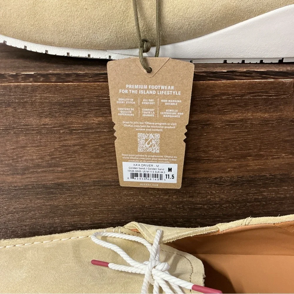 Olukai Men Ka’a Tan Leather Moc Toe Lace Up Driver Loafer Size 11.5